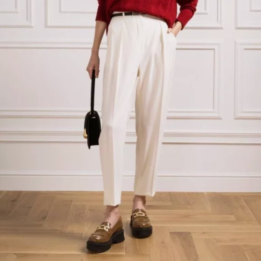 NWT Max Mara Size 2 Briose White Ivory Wool Trousers Belt Tapered High Rise $545
